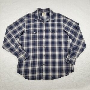 Lucky Brand Pearl Snap Shirt Mens Large L‎ Blue Gray White Plaid 100% Cotton LS